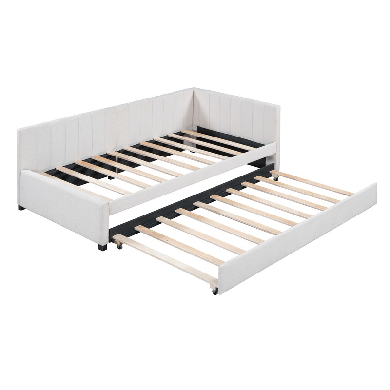Aukfa Daybed with Trundle, Twin Size Upholstered Bed Frame, Beige
