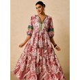 thumbnail image 4 of Multicolor Floral Print V-Neck Tie Front Maxi Dress With Puffed Sleeves And Tassels, 4 of 7