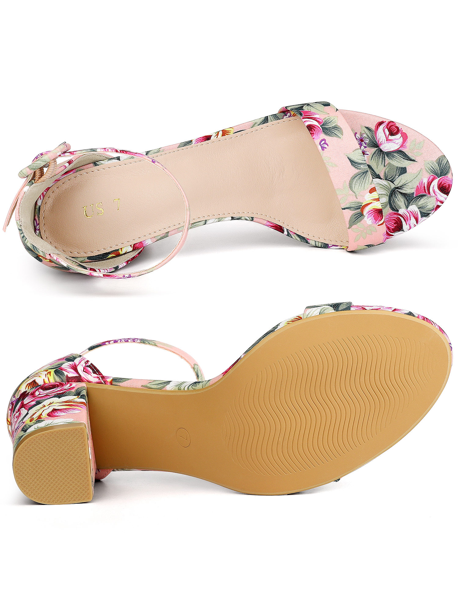 DARING DIVA Women's Floral Print Open Toe Block High Heels Red Sandals 7 Pink Flowers