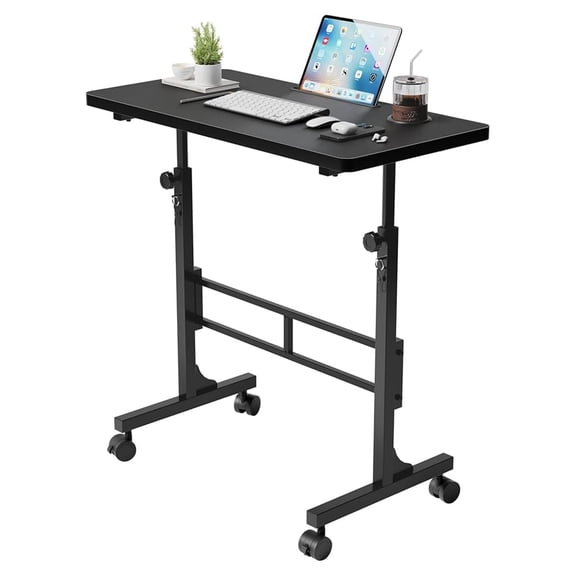 Small Portable Standing Desk Adjustable Height, Mobile Stand Laptop Computer Workstation with Lockable Wheels for Walking Pad Treadmill (Black)