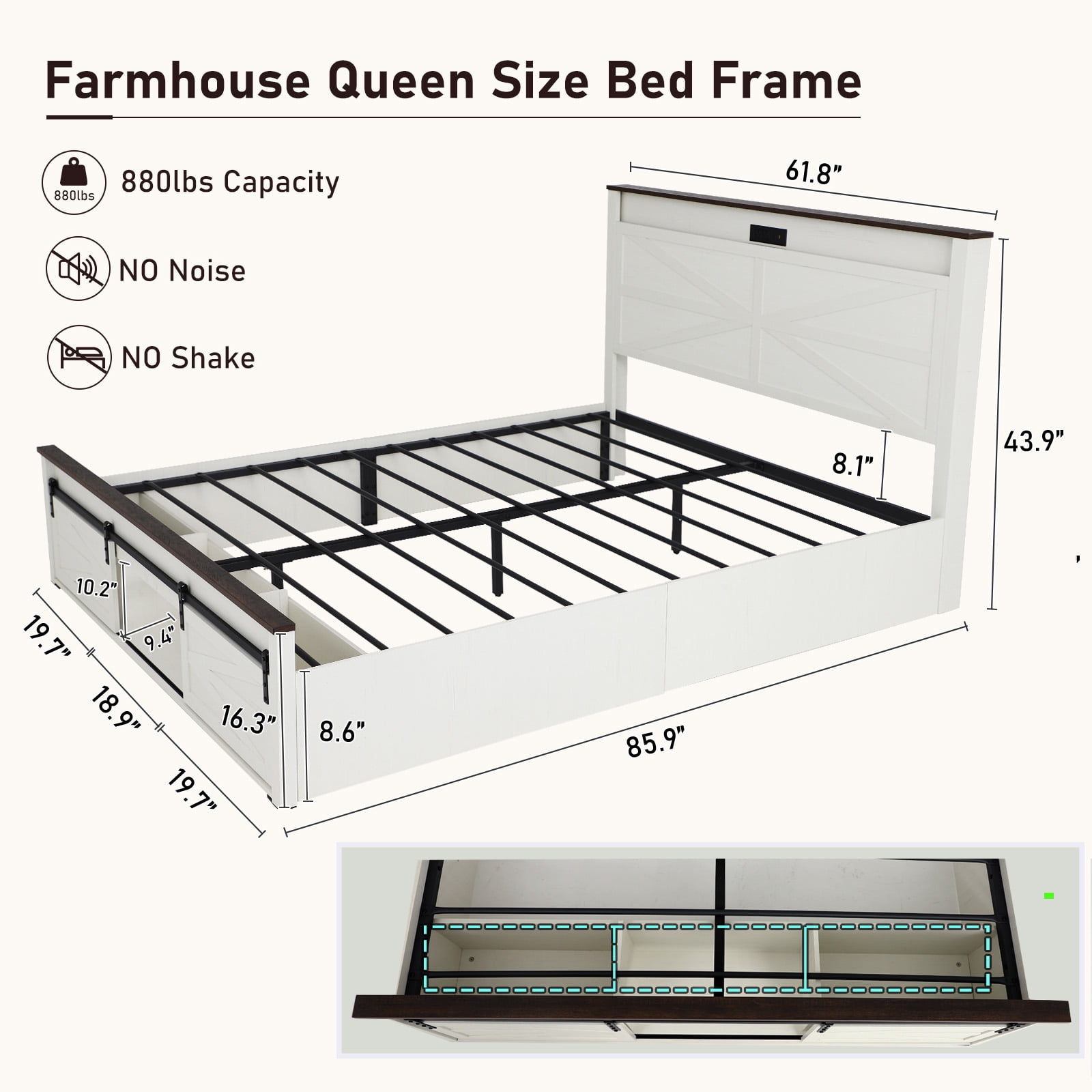 Farmhouse Queen Size Bed Frame with LED Light & Charging Station, Sliding Barn Door Platform Bed with Storage Headboard & Bookcase & Tall Footboard(Brown)