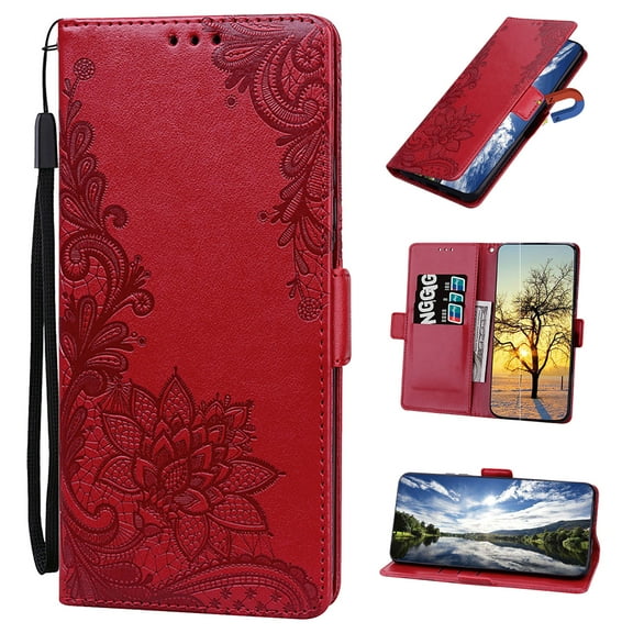 for Samsung Galaxy A22 5G 6.6 inch Case,Premium PU Leather Wallet Case Cat and Flowers Embossed with Wrist Strap Card Slots and Kickstand Flip Cover for Samsung Galaxy A22 5G,Red