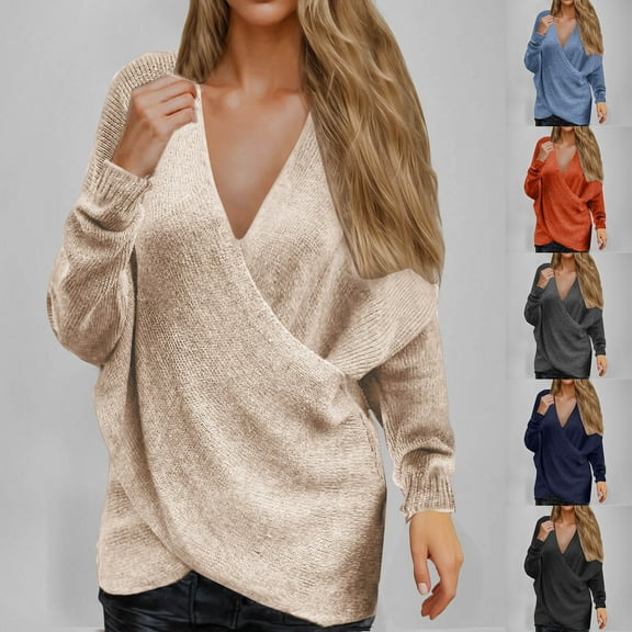 WRKEKC Womens Fall Winter Solid Color Deep V Neck Long Sleeve Knit Sweater Loose Fit Cozy Oversized for Casual Wear