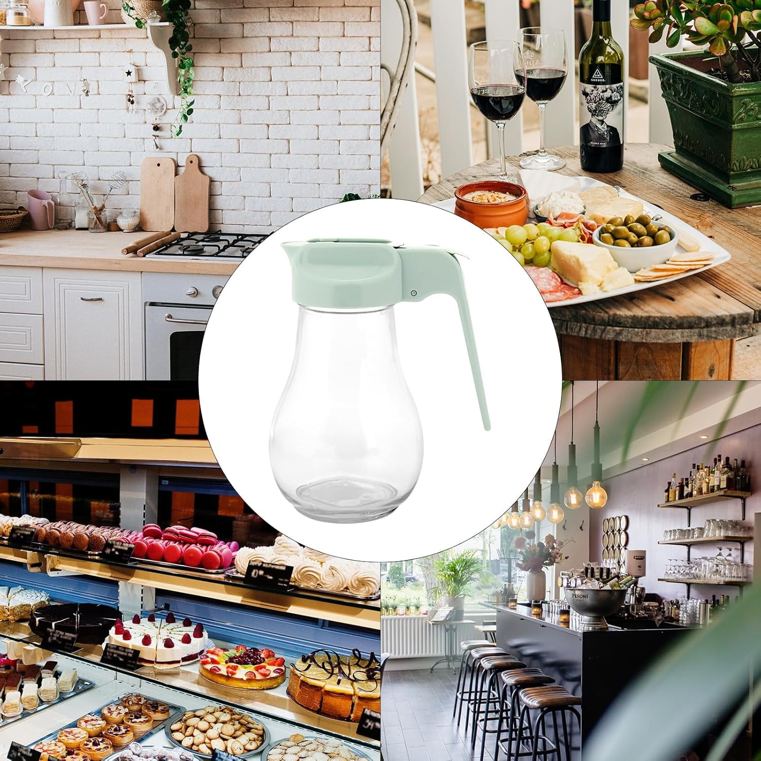 CATPAN 13.5 Oz Syrup Dispenser, No-Drip Pourers for Maple Syrup, Oil Dispenser Bottle with Non-Slip Handle, Honey Jar & Sirop Container, Reusable Syrup Bottle for Kitchen (Green)
