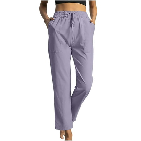 DPTALR Women Solid Cotton Linen Ankle-Length Pants Pokets Casual ...