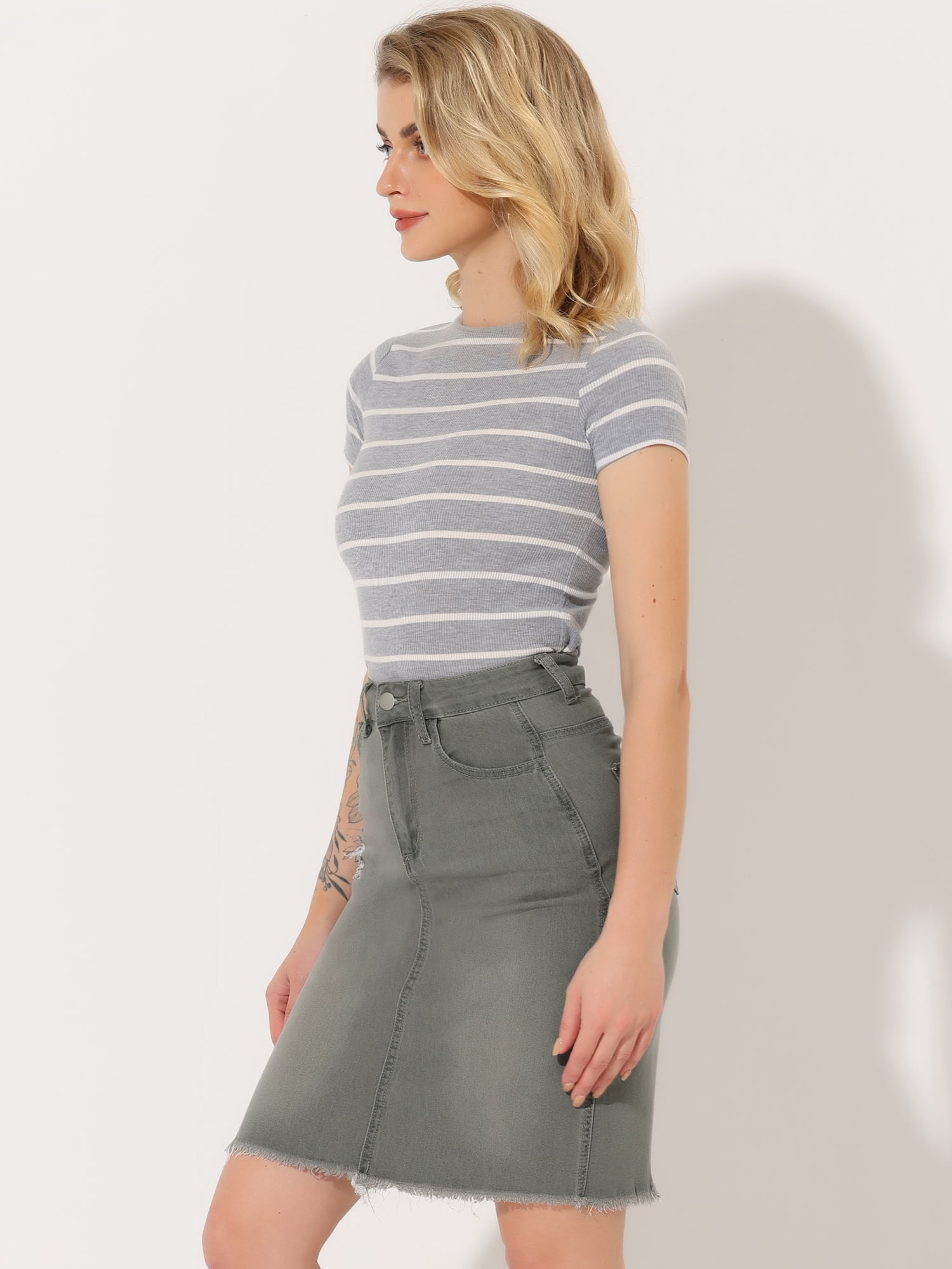 DARING DIVA Women's Ripped Hem Washed Jeans Denim Skirt XL Grey