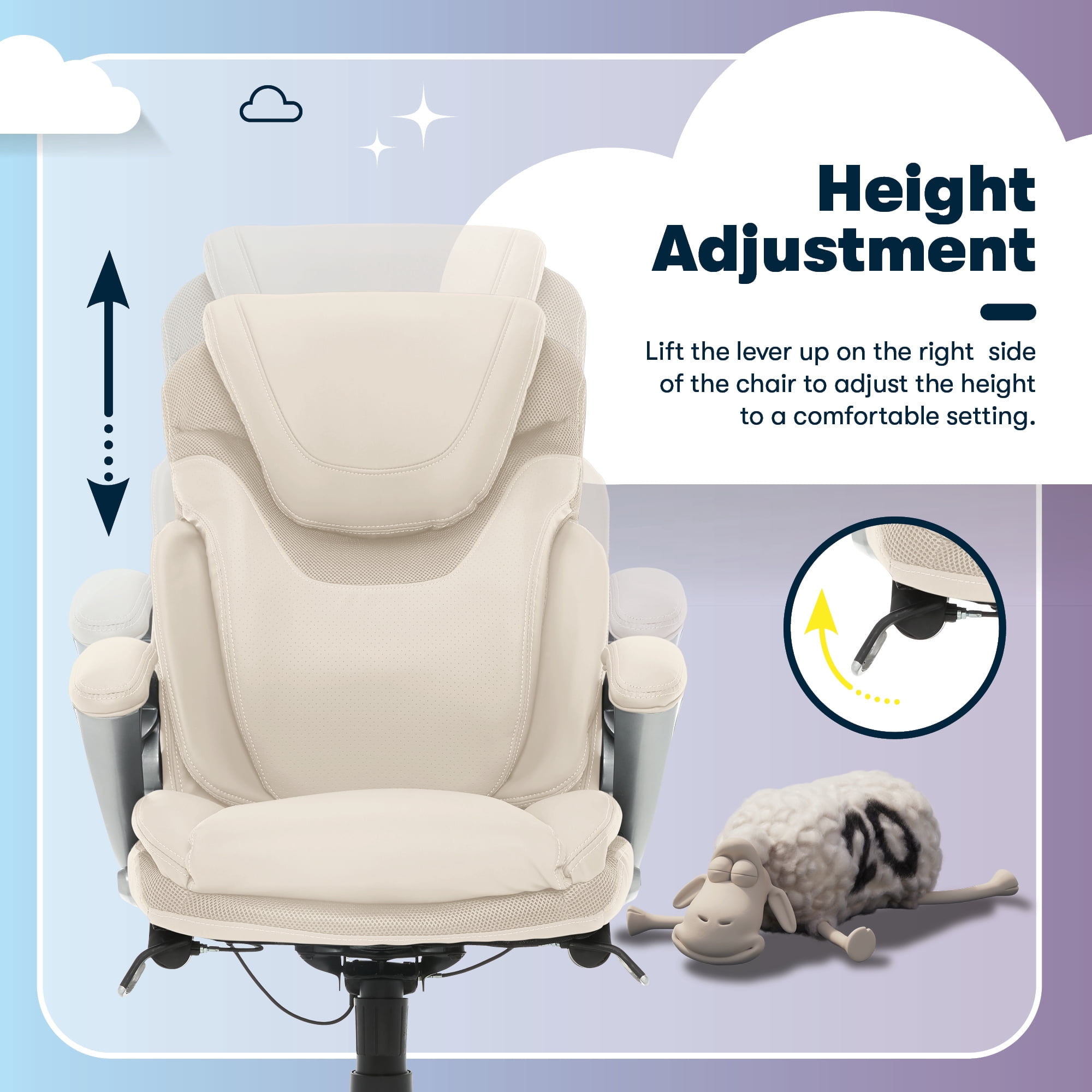 Serta Bryce Executive Office Chair, Ergonomic Computer Desk Chair with Patented AIR Lumbar Technology, Adjustable Height, Memory Foam Body Pillows, 360° Swivel Rolling Base, Bonded Leather, Cream