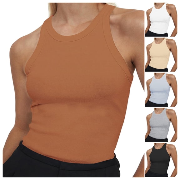 Summer Tank Tops for Women Ribbed Racerback Crew High Neck Basic Fitted Sleeveless Tank Camisoles for Women A L