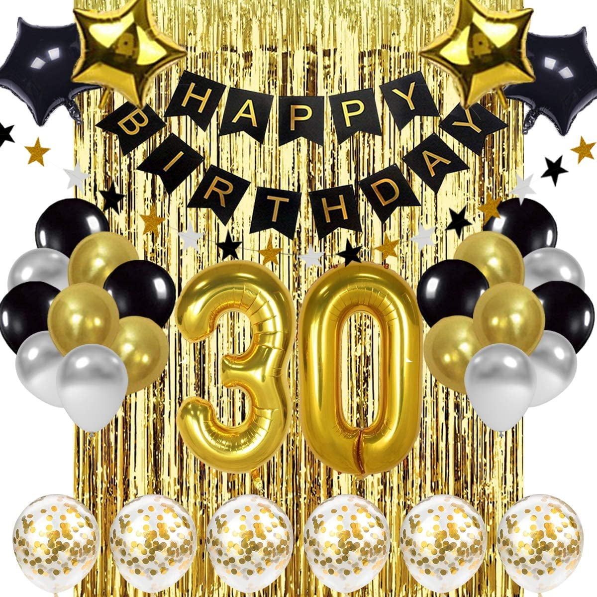 30th Birthday Decorations for Men Women Boy Girl,Blue Black Birthday Party Supplies with 30 Silver Number Balloon Happy Birthday Banner for 30th and 3rd Birthday Party