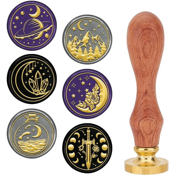 7Pcs Sealing Wax Stamp Set Moon Celestial Wax Seal Stamps Set 6 Style Star Mountain Removable Golden Brass Stamp Head 1Pc Wooden Handle for DIY