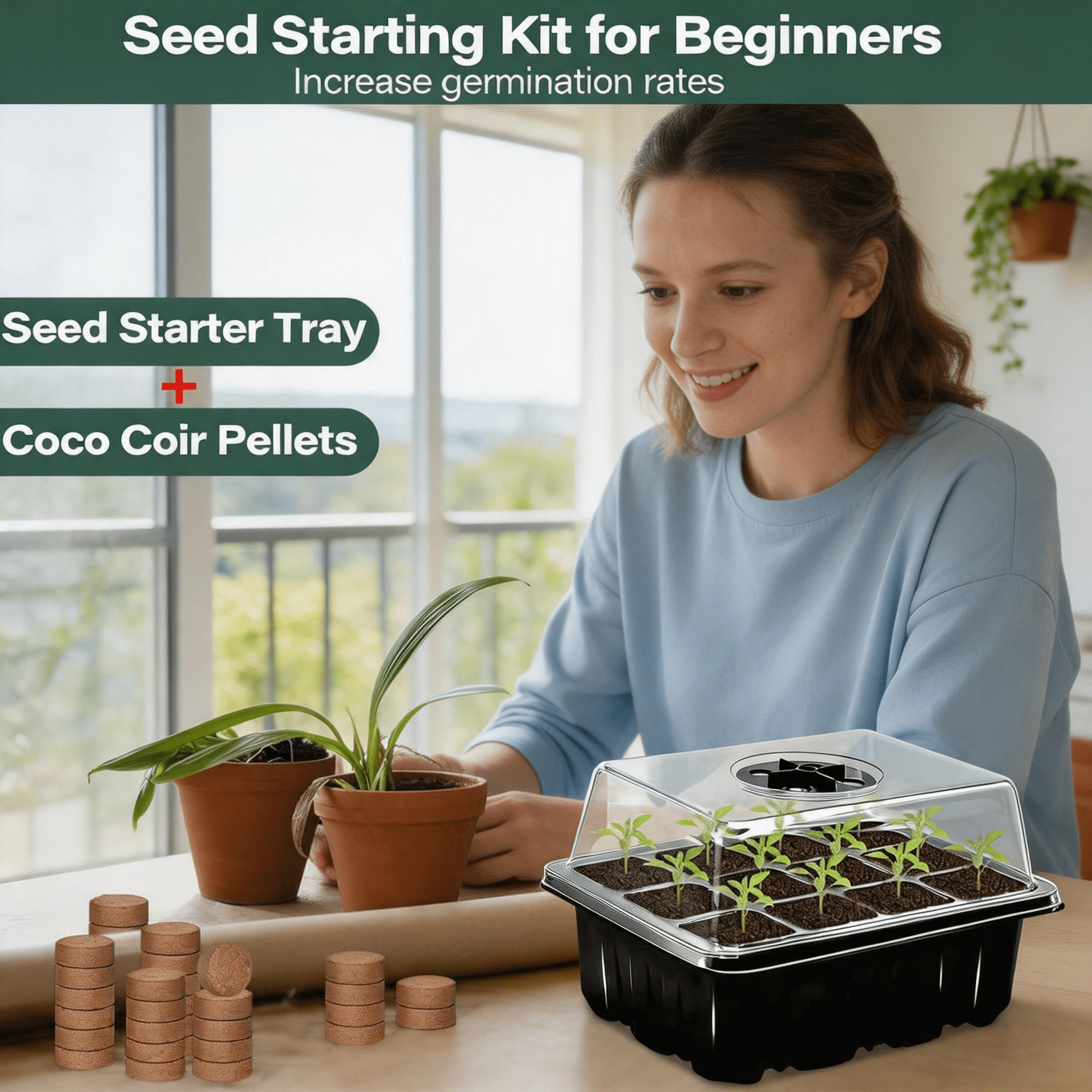 Seed Starter Tray Kit, 6-Piece Humidity Controlled Trays and 90 Eco-Friendly Coco Coir Pellets, Seedling Germination Station with Dome for Indoor Garden and Vegetables