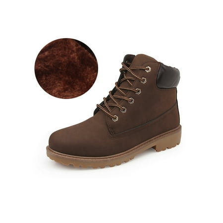 

Sanviglor Womens Mens Winter Boot Plush Lined Ankle Booties Lug Sole Combat Boots Daily Lightweight Comfort Shoes Non-slip Mid Calf Warm Bootie Brown With Lined 5(W)
