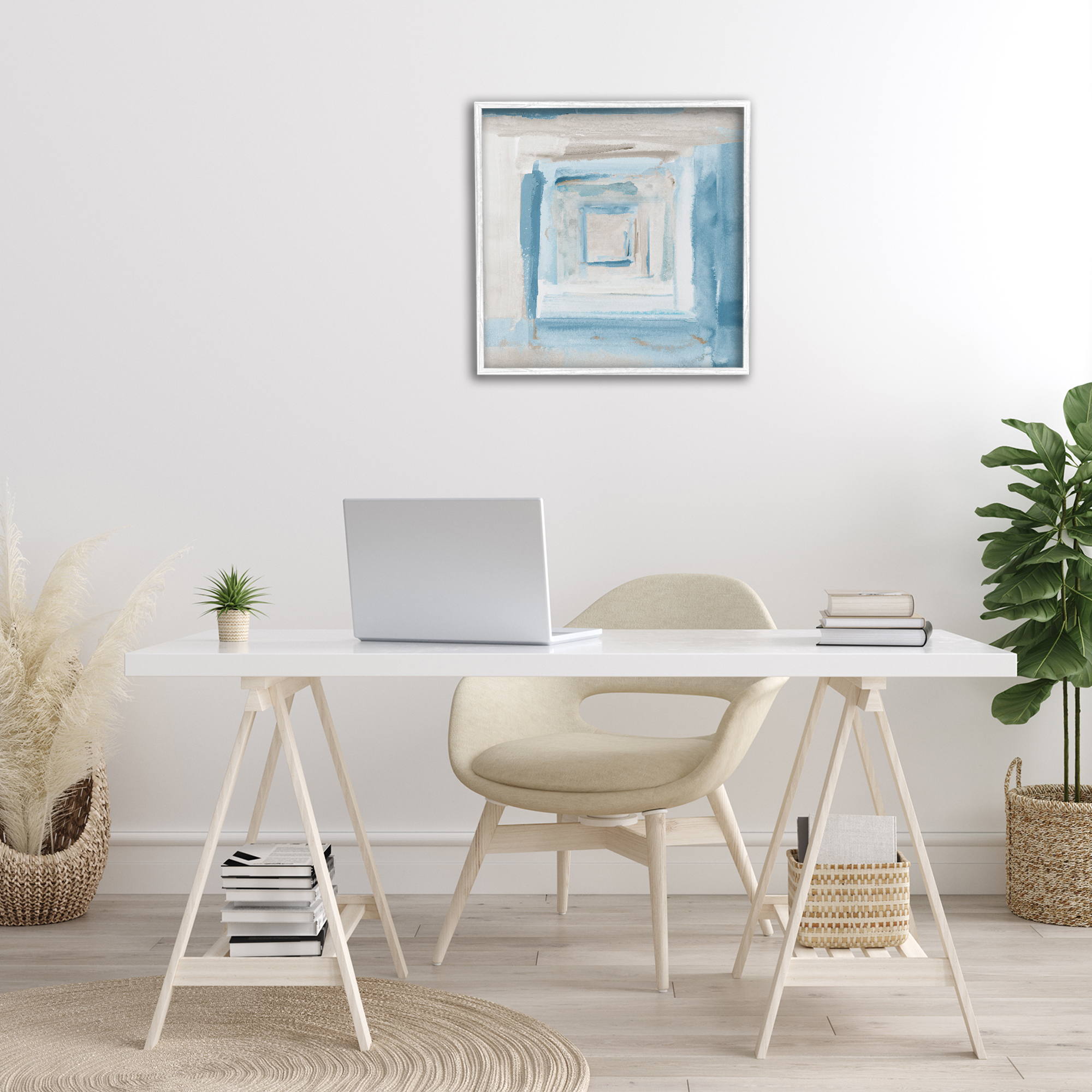Stupell Industries Blue Layered Squares Abstract Painting White Framed Art Print Wall Art, 24 x 24