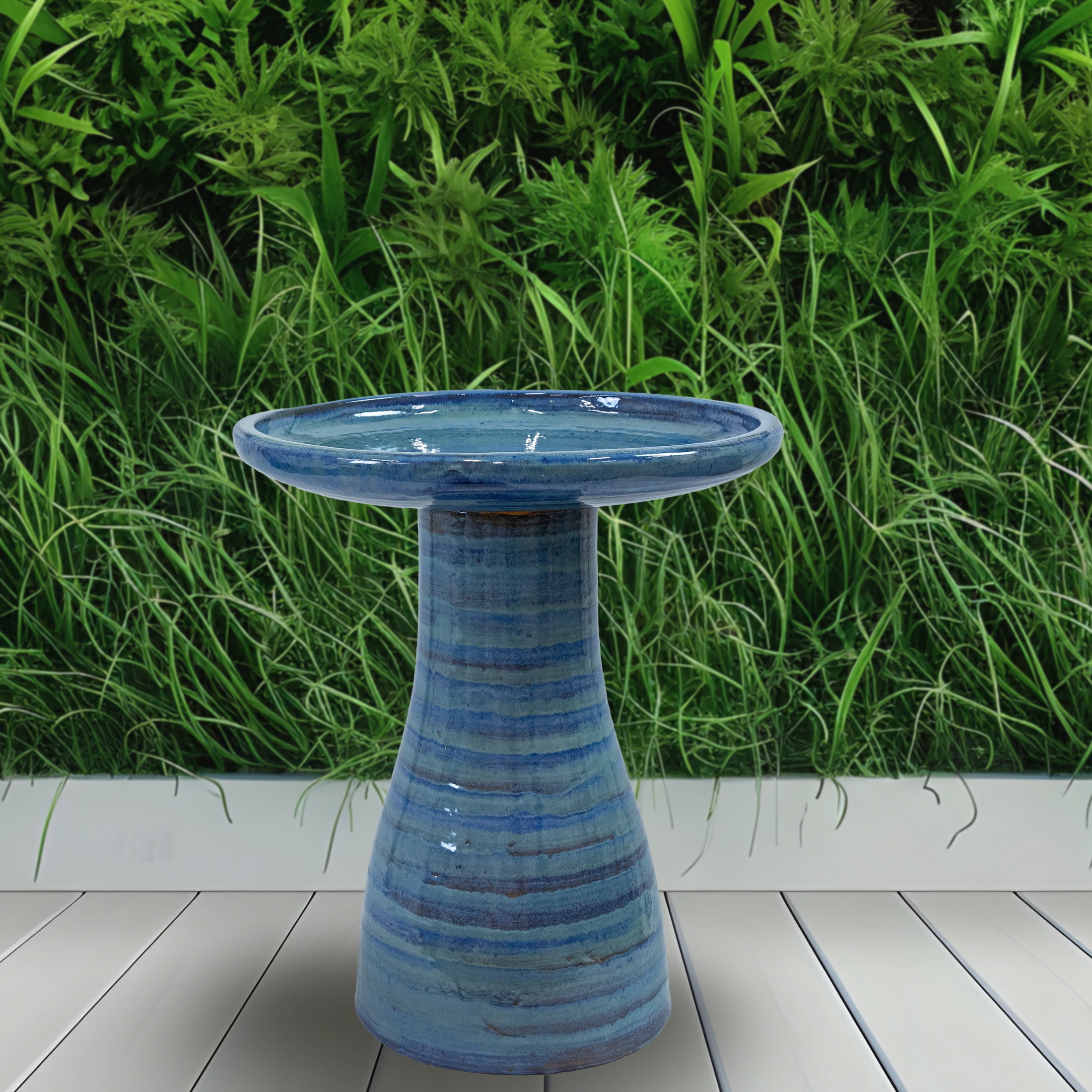 Sunnydaze Freestanding Ceramic Outdoor Bird Bath, Glazed, UV-Resistant Cloud Swirl Finish