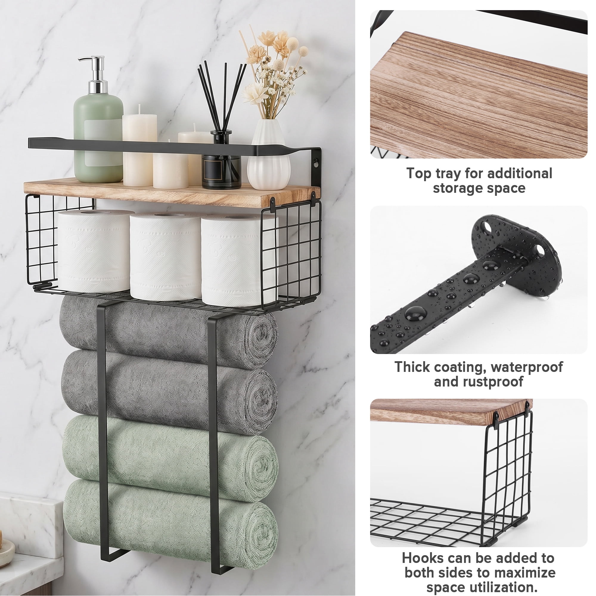 Yucurem Towel Racks for Bathroom, Metal Towel Storage Holder for Roll Towels, Wall Mounted Towel Organizer with Storage Basket and Wooden Shelf for Small Spaces