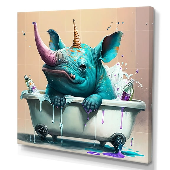 Designart Silly Rhino Enjoying Bath Time III Canvas Wall Art