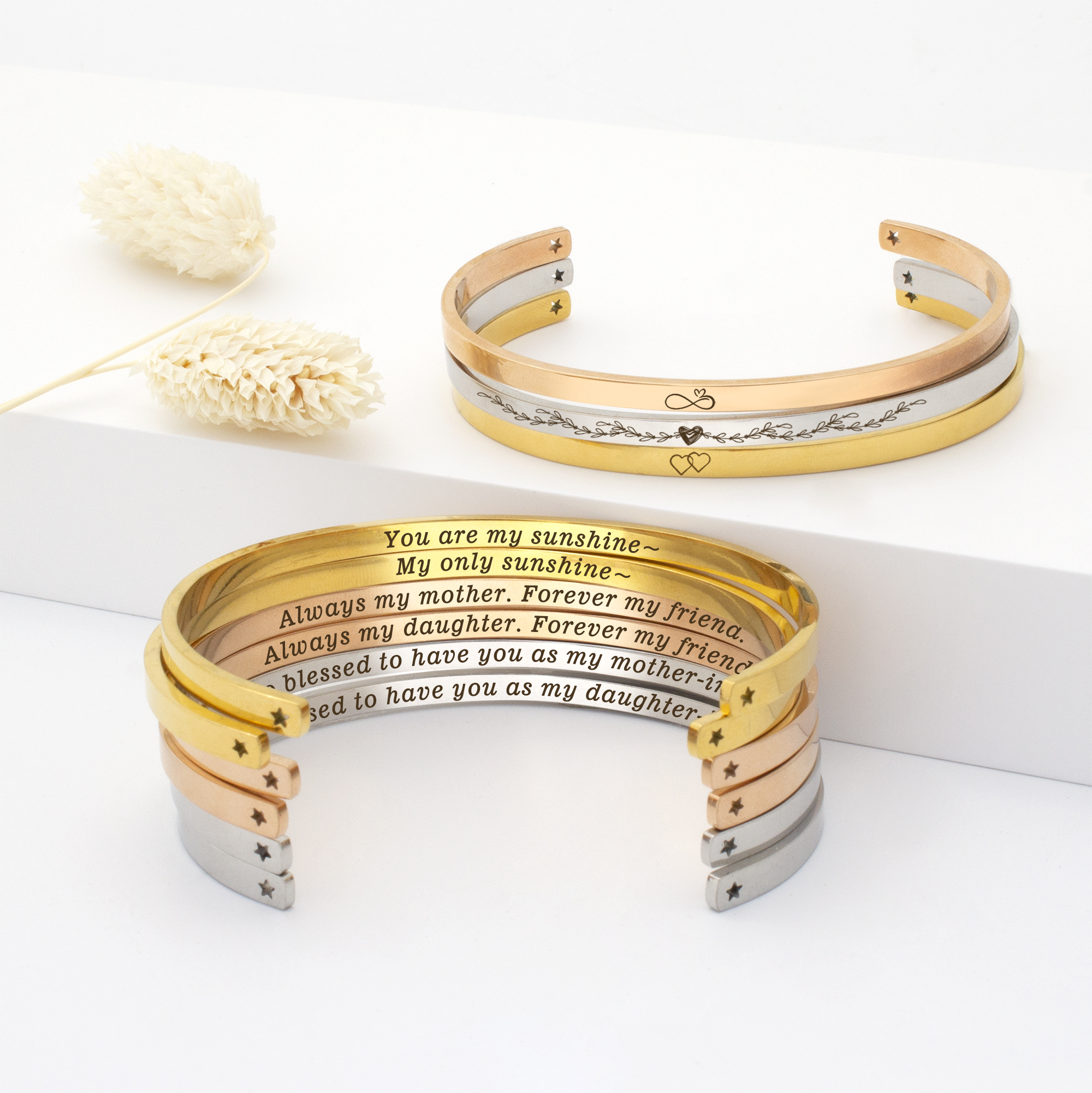 "There is no one…" Rose Gold Stainless Steel Mother & Daughter Hidden Message Cuff Bracelets Match Mother's Day Gift for Mom Her Gift Set