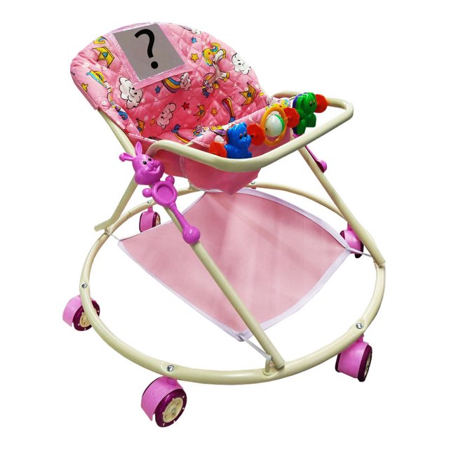 andadera metalica hecho en mexico tubular rosa andadera infantil de marco tubular metálico rosa con asiento acolchado estampado de nubes y arcoíris. Bandeja frontal con juguetero de figuras móviles, base circular con cuatro ruedas rosas y malla inferior para almacenamiento; indicada para bebés de 6 a 14 meses, peso 5–12 kg.