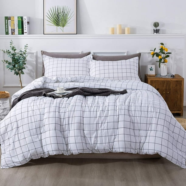Andency White Full Size comforter Set, 3 Pieces Lightweight grid Bedding  comforter Sets, White Black Striped Fluffy Microfiber Bed Set(79x90Inch  comforter) 