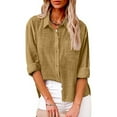 thumbnail image 2 of YEYLANERS Womens Cotton Linen Shirts Long Sleeve Button Down Collared Blouses for Women Summer Casual Roll Up Solid Color Tees Women Work Office Tunic Tops，Khaki，M, 2 of 8