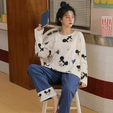

CoCopeaunt Spring womens long-sleeved pants set of loungewear combed cotton cute cartoon can be worn outside pajamas sleepwear women