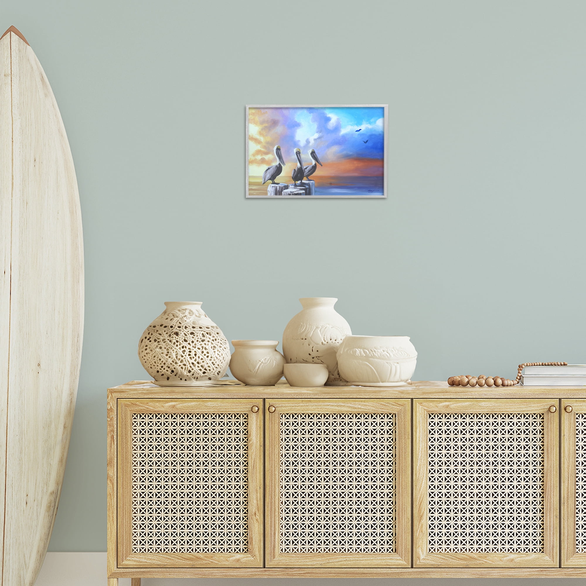 Stupell Industries Vivid Pelican Trio Landscape Painting Gray Framed Art Print Wall Art, 18 x 12