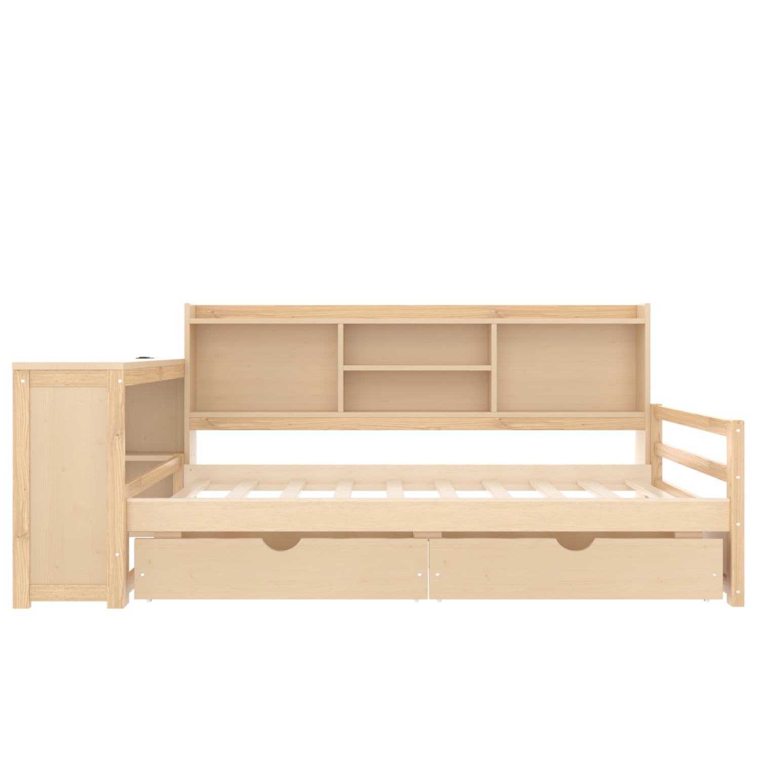 Leumius Twin Size Corner Bed with Desk and Storage Bookcase,Modern Daybed with 2 Drawers,Twin Size Wood Bed Frame with Charging Station,Natural