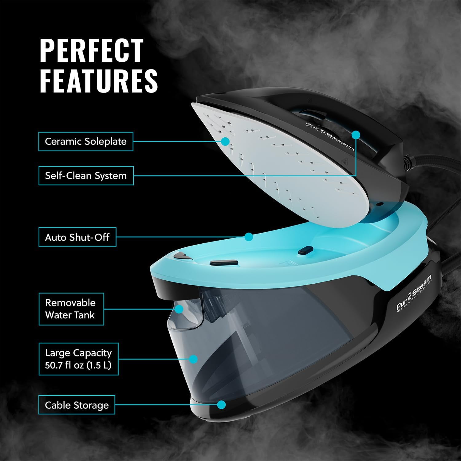 PurSteam Steam Iron Station Max for Clothes, Powerful 1700W, Ceramic Soleplate, 50.7 oz Removable Water Tank, Auto Shut-off, Anti-Drip, Black