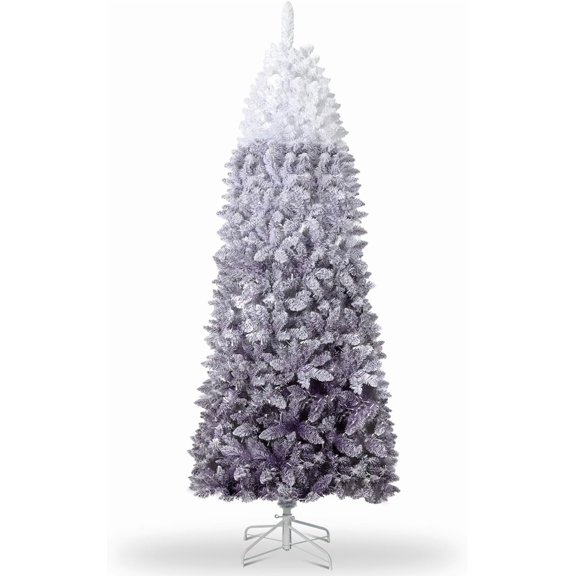7.5FT Negro Degradado Gradient Pencil Christmas Tree - Slim Artificial Flocked Snowy Tip with Metal Base, Space-Saving for Home/Office Holiday Decor