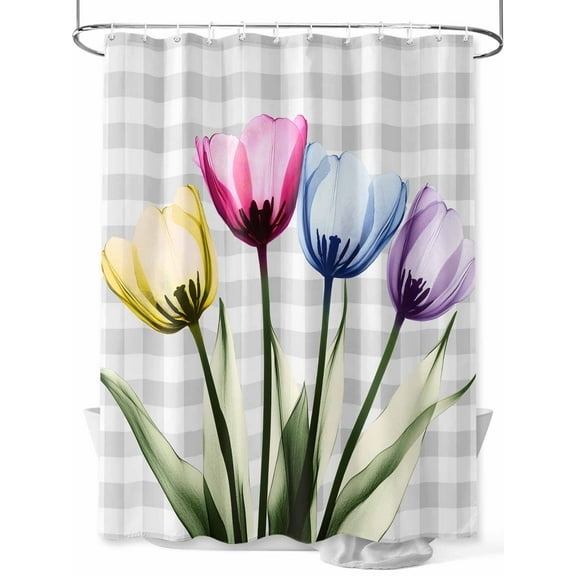 Fsddascl Colorful Tulip Shower Curtain Set - Extra Long 72" x 96" Washable Bathtub Curtain with 12 Hooks, Farmhouse Elegant Flowers Gray Check Waterproof Fabric Stall Shower Curtains for Bathroom