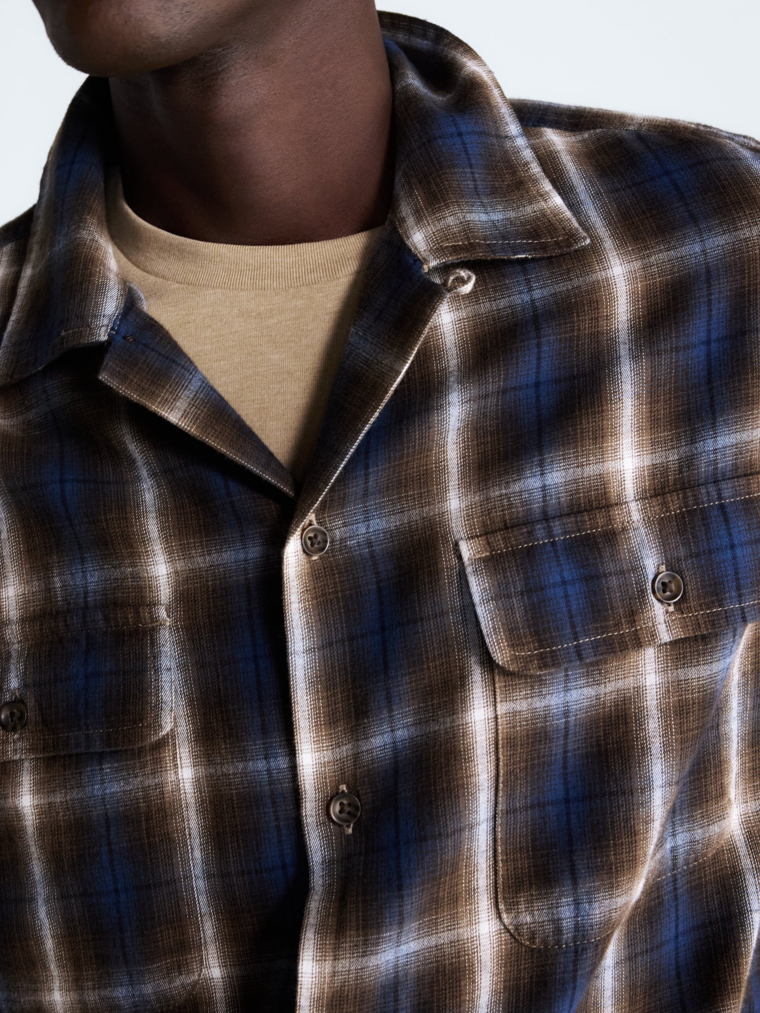 Free Assembly Men’s Cotton Twill Camp Shirt with Long Sleeves, Sizes XS-3XL