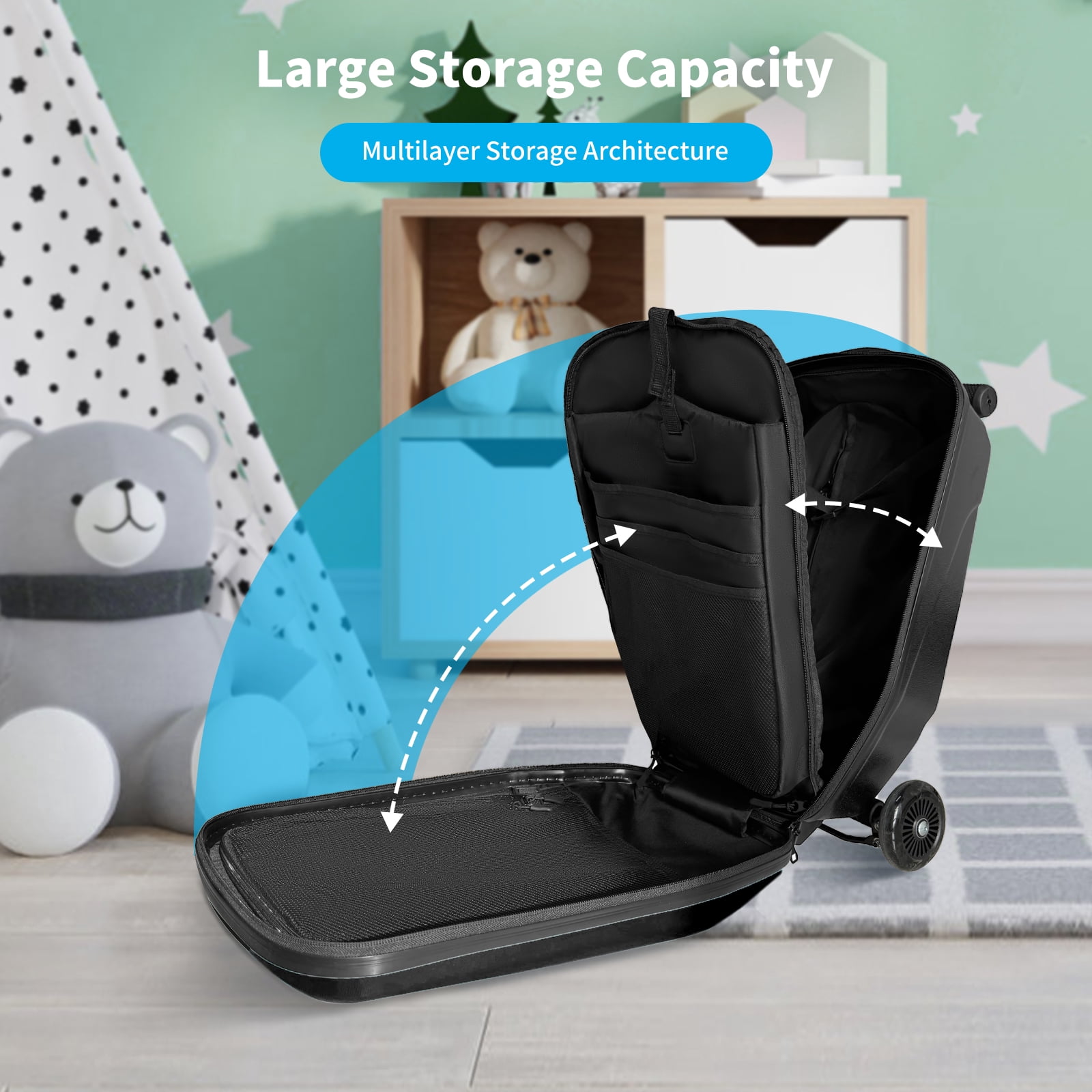 TABU Scooter Luggage for Kids & Adults, Carry on Luggage with Wheels for Kids Ages 6-15,Black