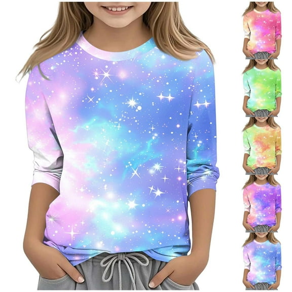 Afuyipoi Toddler Girls T-shirts(3-12), 3/4 Sleeve Round Neck Gradient Color Pullover Tops Blue 5 Years