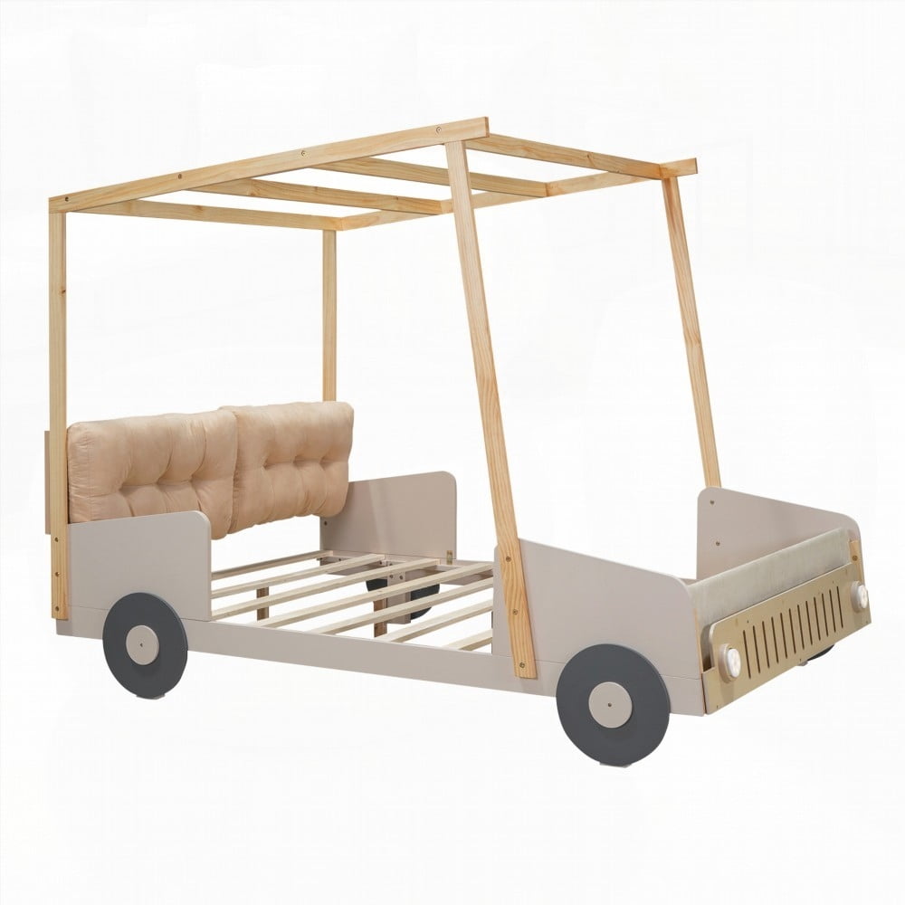 Natural Wood Full Size Car Bed featuring Playful Design & Comfortable Pillow