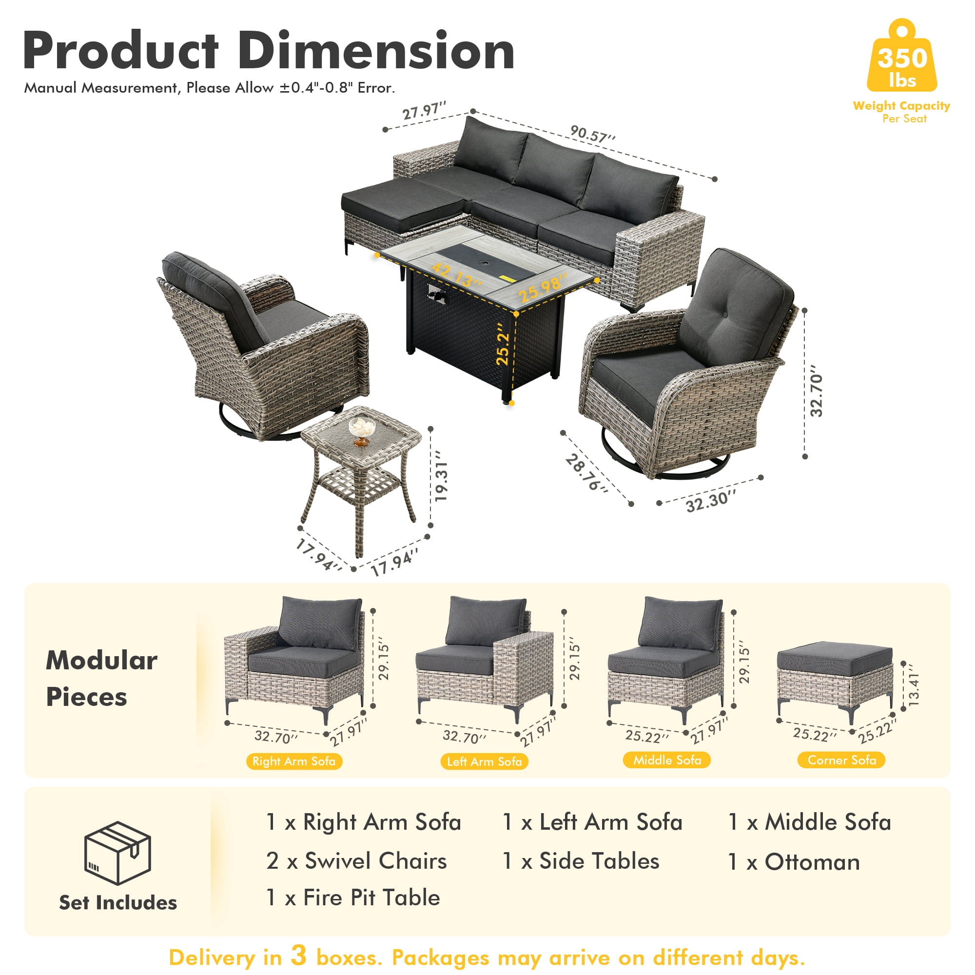 XIZZI Patio Furniture Outdoor Conversation Set with Wide Armrests, Wicker Rattan Patio Outdoor sectional with Firepit Table and Swivel Rocking Chair, Black