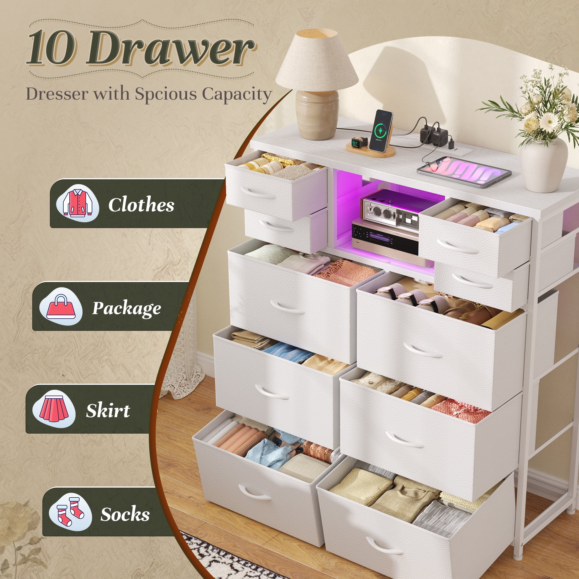 Enhomee White Dresser for Bedroom with LED Lights & Charging Station Tall Chest of 10 Fabric Drawers with Storage Shelves
