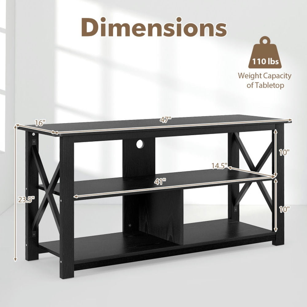 Finihen TV Stand, Entertainment Center, 3 Tier Wood TV Stand for 55-Inch with Open Shelves and X-Shaped Frame, for Living Room, Black
