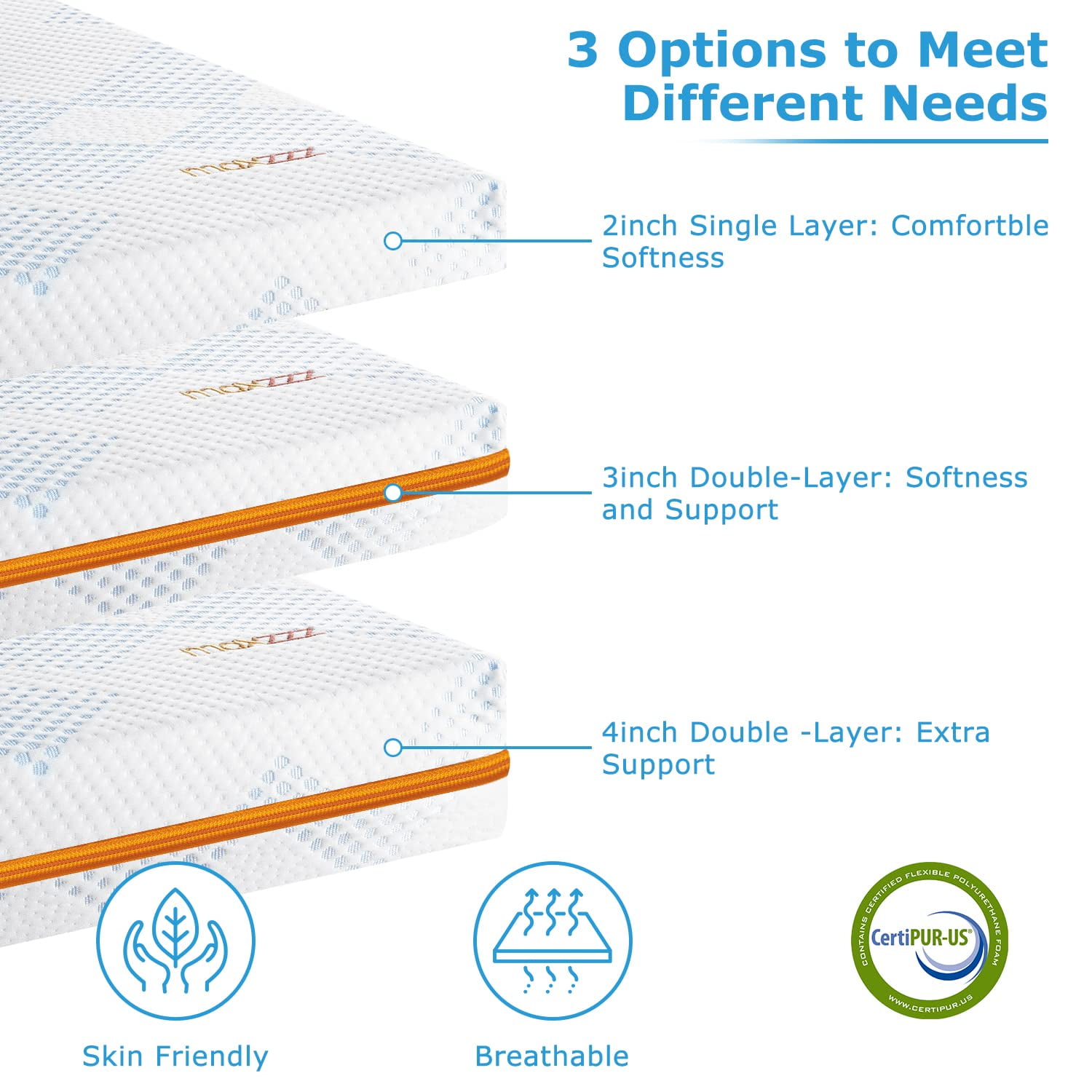 Maxzzz 4 Inch Memory Foam Mattress Topper Twin Size, High Density  Ventilated Firm Gel Bed Foam Topper with Washer & Dryer-Safe Cover,  CertiPUR-US 