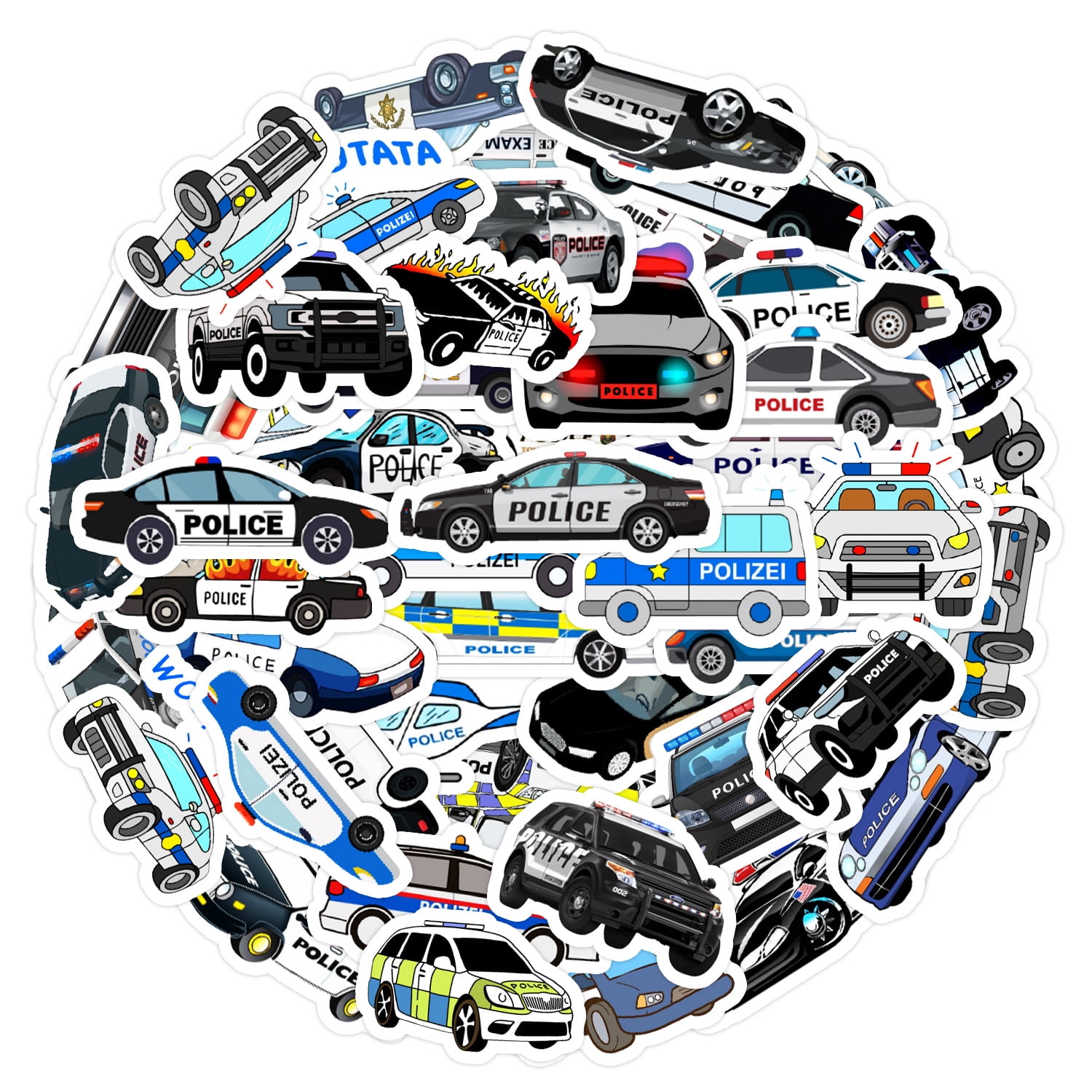 50-Pack Kids' Cartoon Police Car Stickers - Waterproof Decorative Stickers for Phones, Water Bottles, Laptops, and Journals