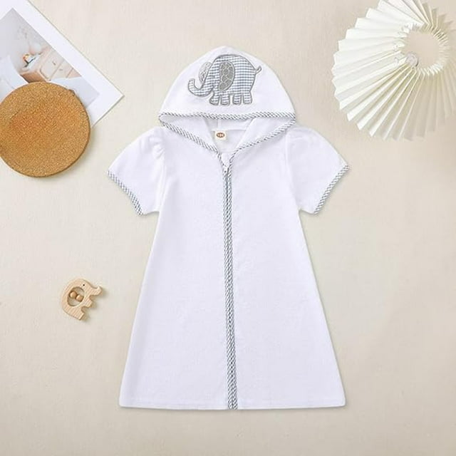 Toddler Girls Hooded Swim Cover Up Romper with Embroidered Elephant Design for Beach Pool and Bathing Versatile Towel Outfit