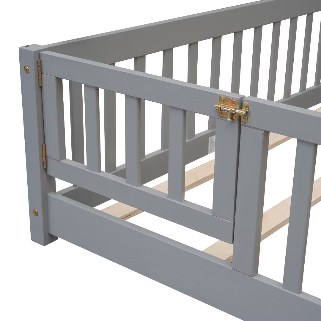 Full Size Floor Platform Bed with Fence and Small Door, Wooden Bed Frame with Wood Slat Support, Mattress Base, Safety Bed Frame for Boys Girls Bedroom, No Box Spring Needed, Easy Assembly, Grey