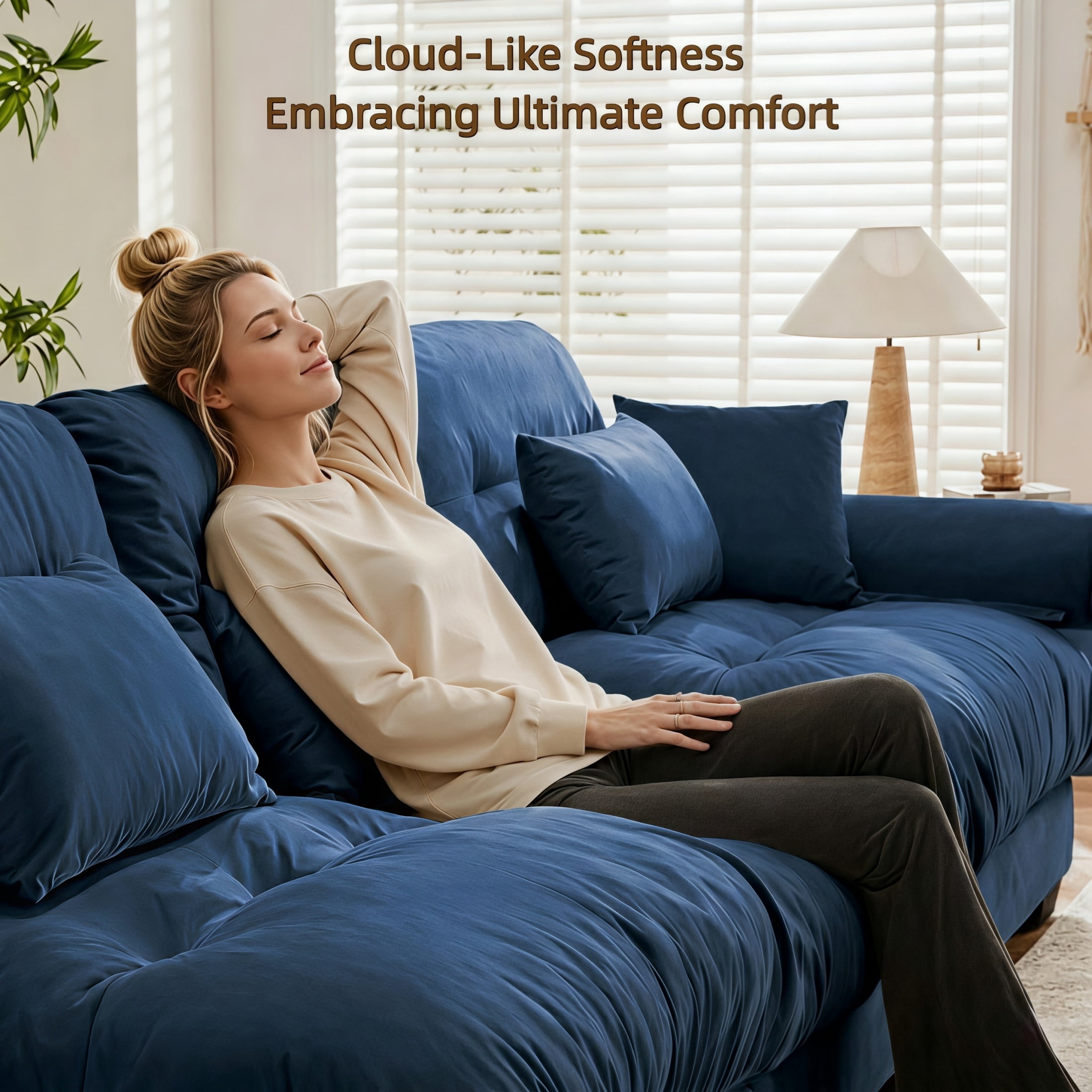 Amuille 93.7" Modular Sectional Sofa Velvet U Shaped Cloud Couch with 2 Movable Ottomans, Deep Seat Couch for Living Room, with Pillows, Blue