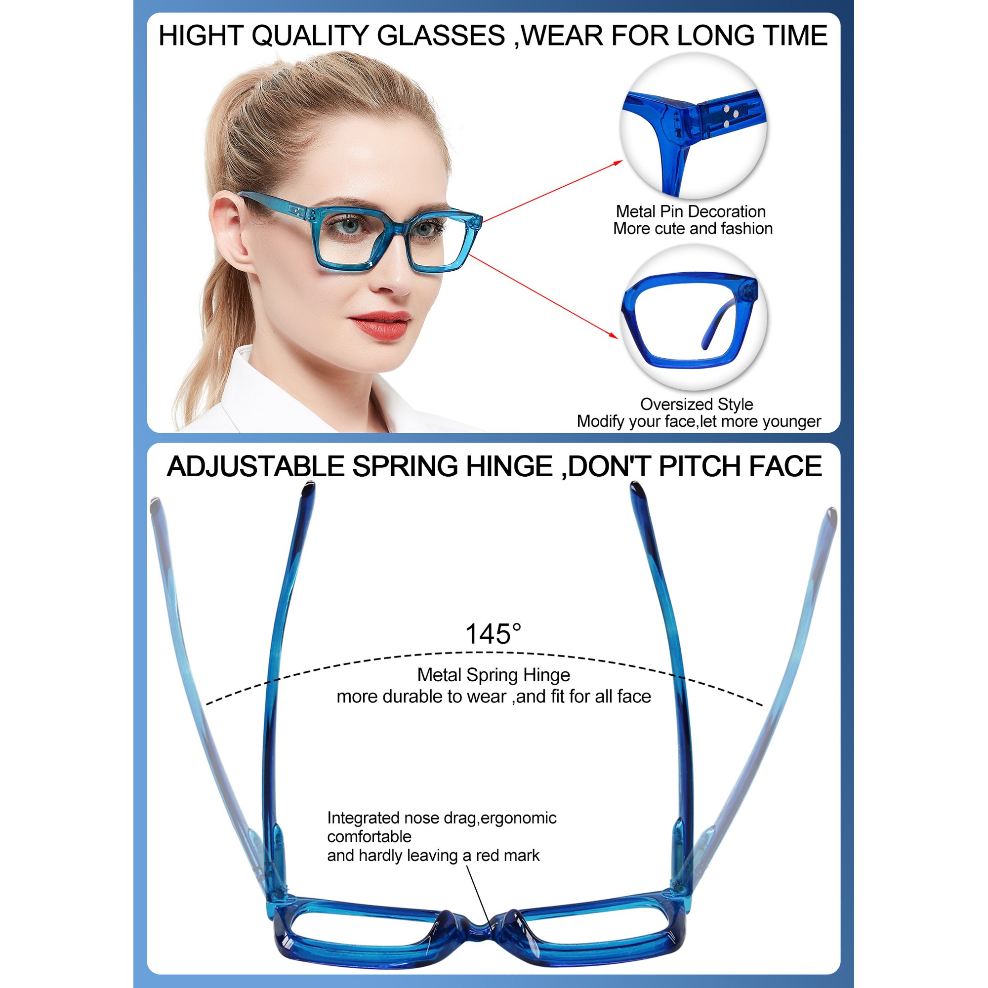 OCCI CHIARI Bifocal Computer Glasses for Women Square Blue Light Readers 1.00 1.50 2.00 2.50 3.00 3.50 (Blue, 3.0) Near Far Vision Dual-use, Acrylic Lens