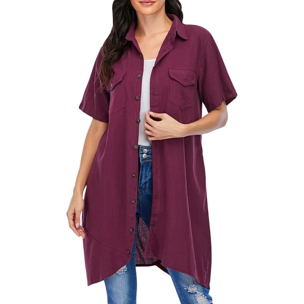 Nuevas mujeres blusa larga dobladillo irregular mangas cortas bolsillos sueltos casual camisa d Abanopi Blusa