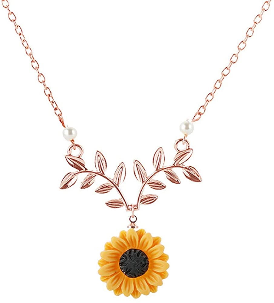 Bokeley Sweet Sunflower Pearl Leaf Pendant Necklace Resin Flower Boho Handmade Drop Pendant Choker Necklace Plated Silver 