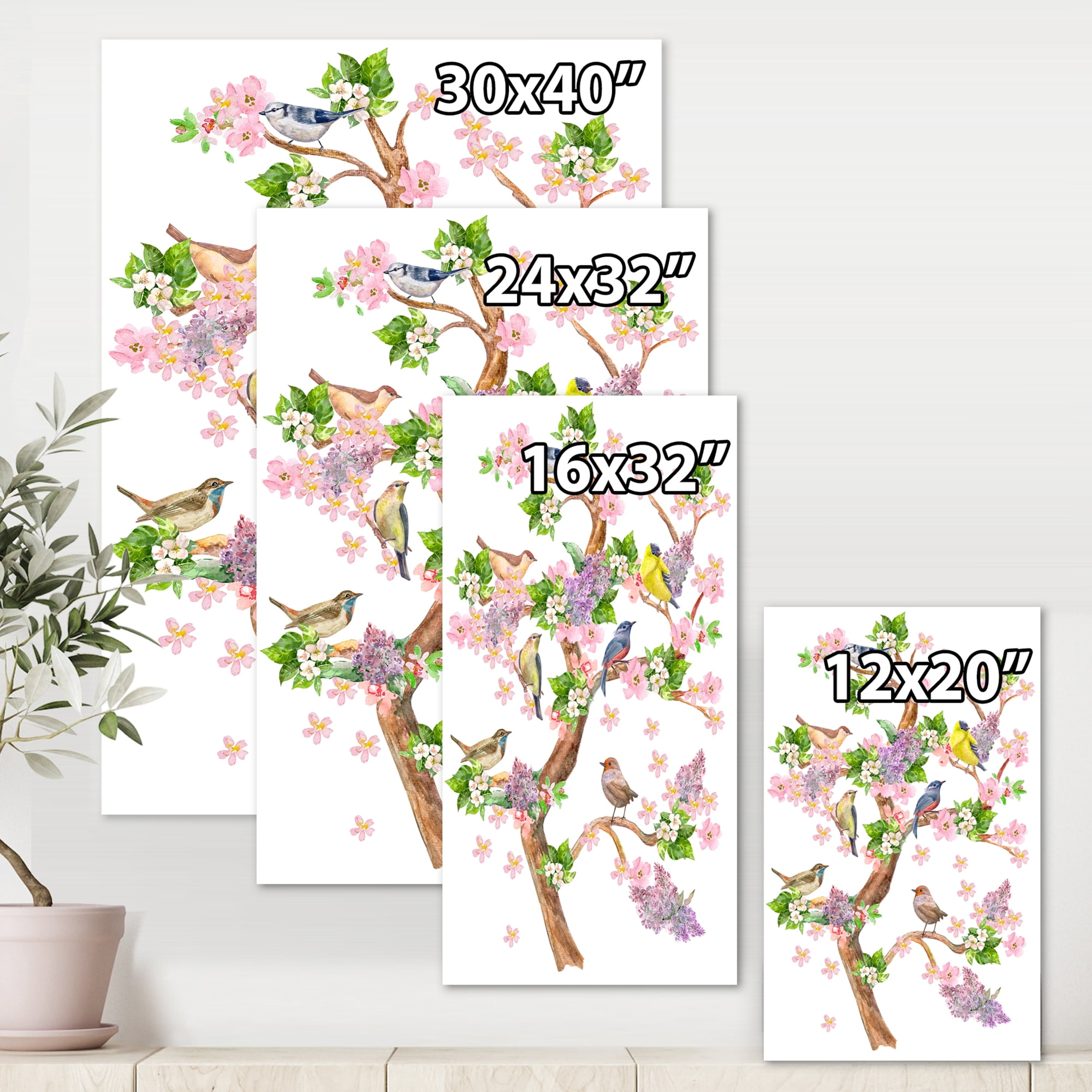 Designart ' Tree With Colorful Birds Sitting On Flowering Branches ' Traditional Canvas Wall Art Print