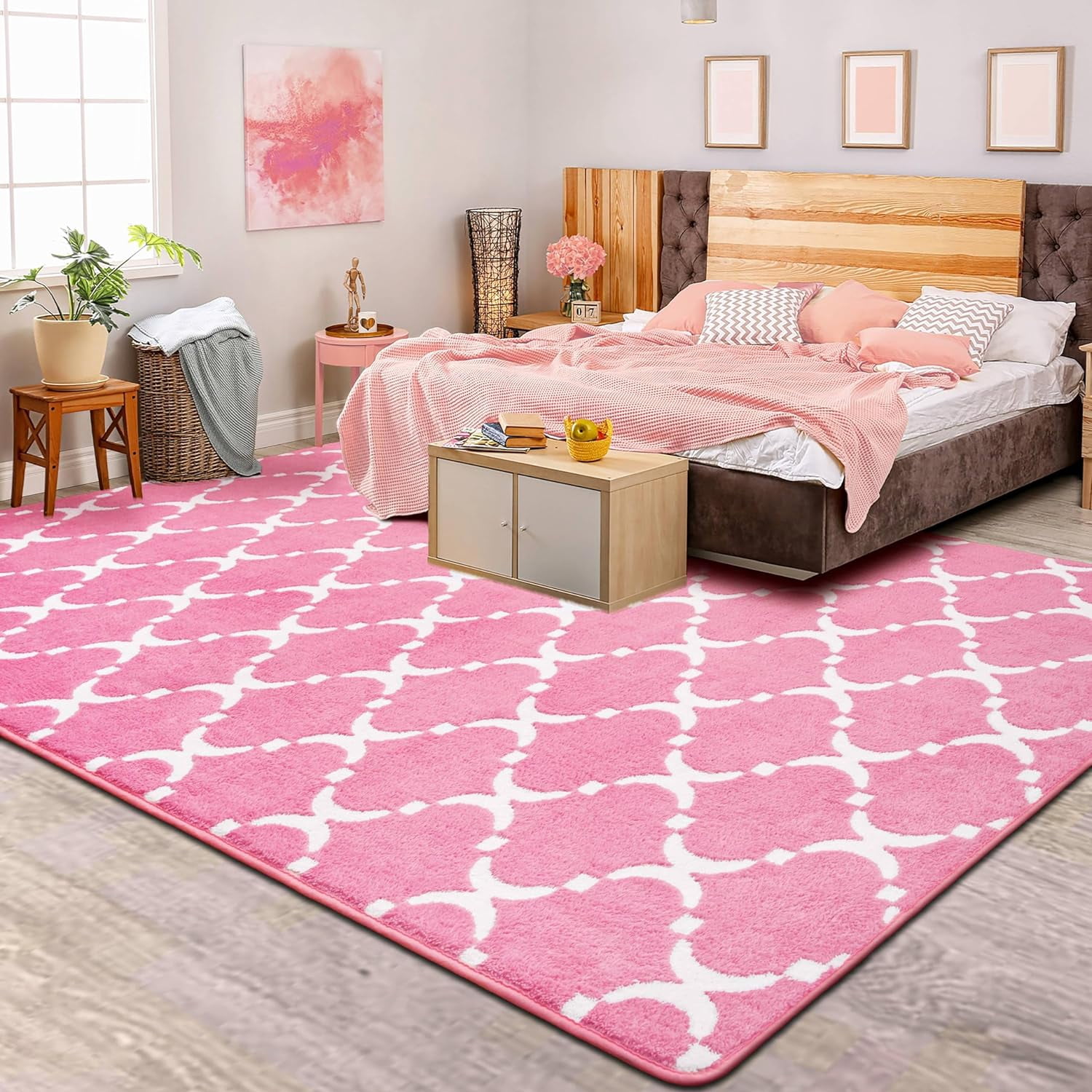 TWINNIS 5'x8' Area Rug Geometric Non Slip Fluffy Carpet,Soft Plush Polyester Rug for Living Room Bedroom,Pink White