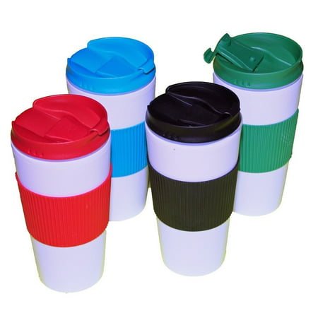 Reusable Travel Mug Hot Cold Non Slip Grip Screw Lid Flip Open Cap Prevents Leaks and Spills comes 4 in a Pack assorted (Best Non Spill Travel Mug)