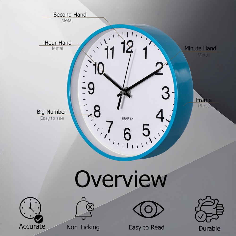 Clockswise Blue 14-In Analog Clock – Silent, Non-Ticking for Wall - Battery-Operated Perfect for Home Office, Farmhouse Kitchen, Entryways, Dining Rooms and Bedroom Decor, School and Bathroom Clock