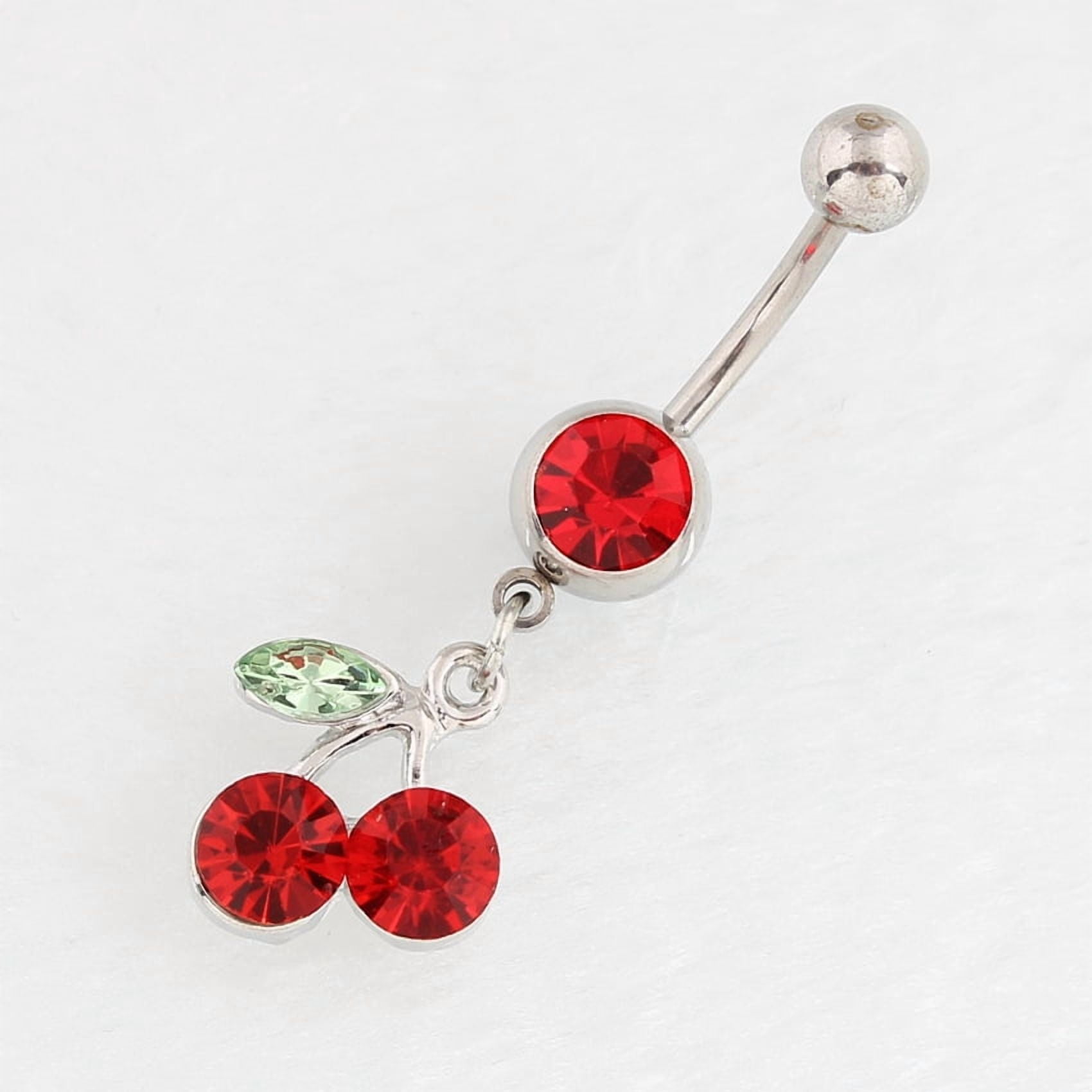Cherry Alloy Ruby Rhinestone Dangle Belly Button Rings 316L Surgical Stainless Steel Piercing Rings Curved Barbell Body Jewelry Stainless Steel color